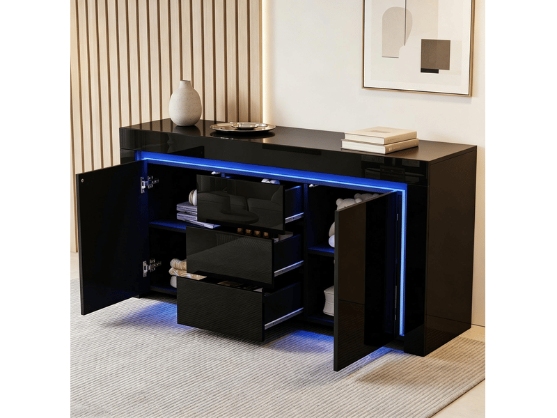  Buffet noir 140 x 40 x 65 cm avec éclairage led, 2 portes, 3 tiroirs, façade brillante  - Conforama B