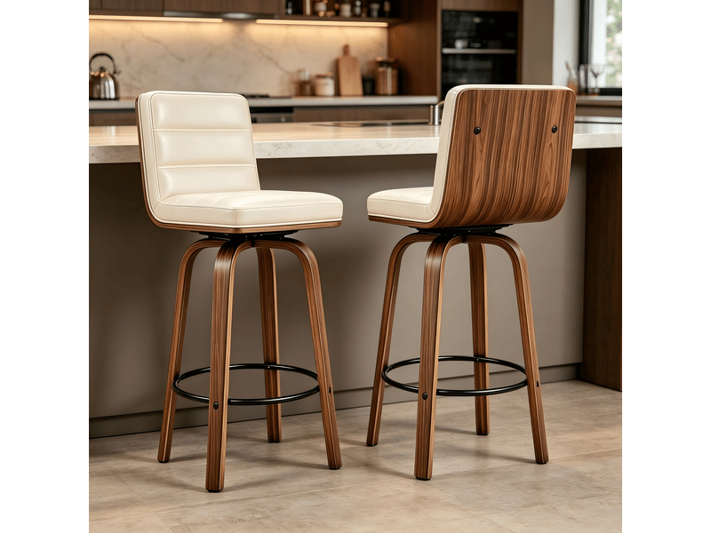 Tabouret de bar rotatif 360° avec revêtement pu et pieds bois courbés pour cuisine bar - Conforama B