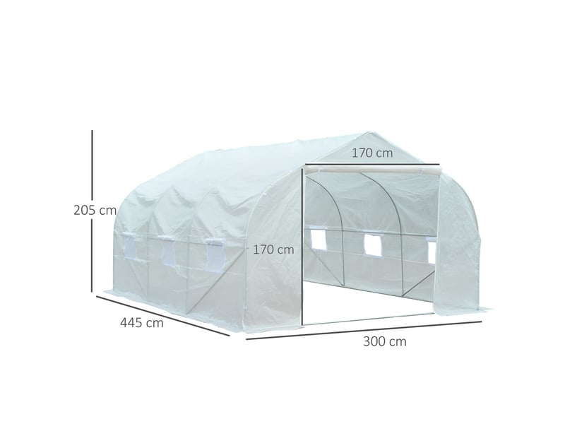  Serre tunnel de jardin 13,35 m² dim. 4,5l x 3l x 2h m porte + 6 fenêtres enroulables acier galvanisé bâche pe haute densité blanc  - Conforama E