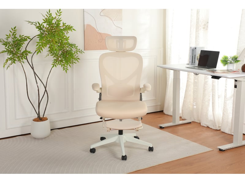  Chaise de bureau ergonomique avec appuie-tête 3d et accoudoirs rabattables, en mousse crème, 62 × 48,5 × 129 cm  - Conforama D