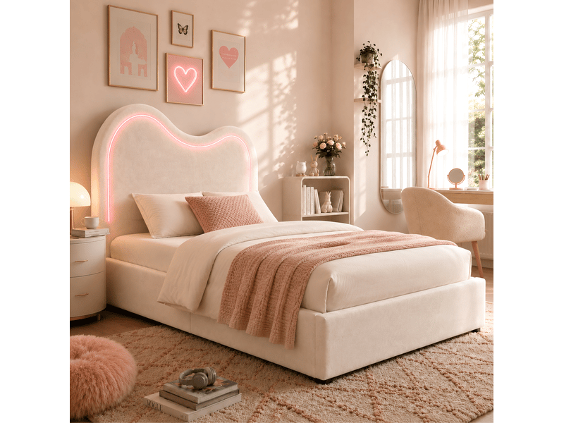  Lit enfant rembourré 90x200 cm en velours avec sommier, rangement hydraulique et led beige chicfurn  - Conforama B