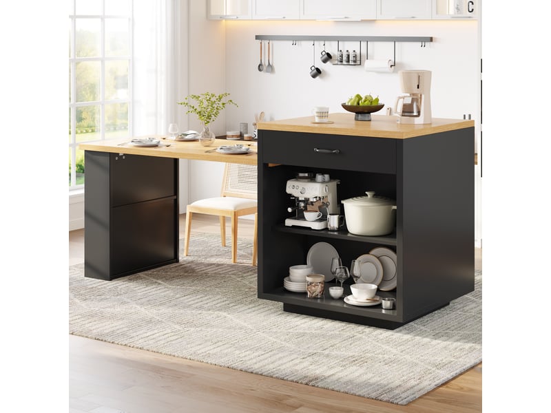  Îlot de cuisine extensible 126–196 cm avec éclairage led rgb, 2 tiroirs, étagère réglable, portes en verre cannelé, finition imitation bois 100 - Conforama D