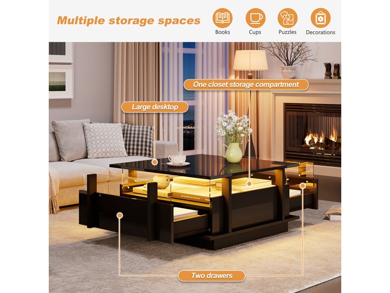  Table basse avec 2 tiroirs et éclairage led pour salon 70×70×35 cm en panneaux de particules noir  - Conforama C