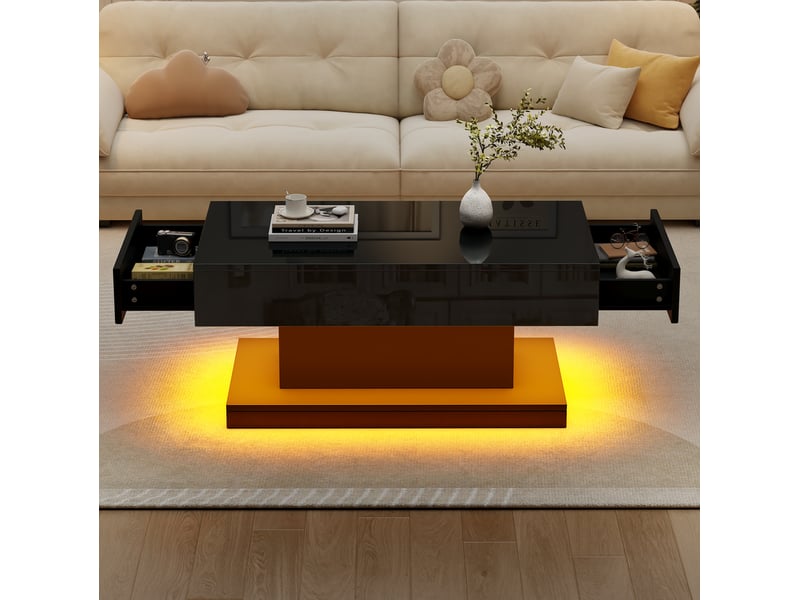  Table basse 100x50x45 cm avec éclairage led, 2 tiroirs, table d'appoint, salon, panneau de particules, noir brillant  - Conforama D