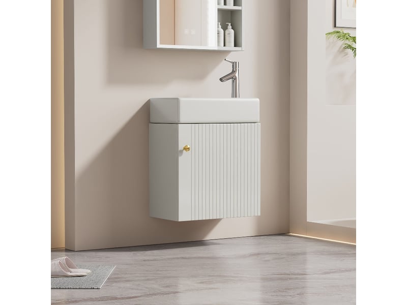 Meuble sous-vasque 46 cm avec vasque en céramique, meuble salle de bain suspendu blanc, petit meuble pour wc invités - Conforama B