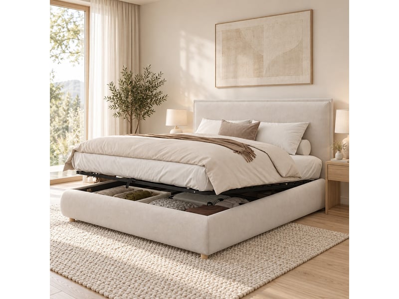 Lit coffre rembourré 160 × 200 cm avec sommier à lattes, velours crème Fay Lum - Conforama B