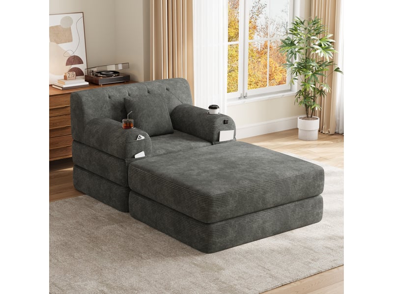 Fauteuil-lit 1 place avec pouf, velours côtelé gris foncé, dossier haut inclinable, cadre métal, mousse haute densité, rangement et porte-gobelets - Conforama B