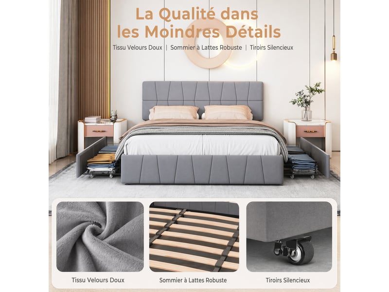  Lit double 160x200 cm,lit capitonné rembourré avec 4 tiroirs,sommier à lattes,lit 2 personnes pour adultes, gris,velours  - Conforama R