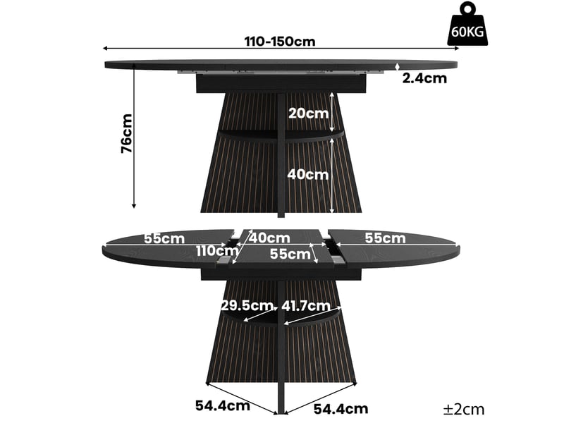  Table de repas extensible 110-150 x 110 cm avec rangement ouvert noire  - Conforama C