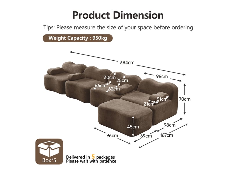  Canapé d'angle modulaire 4 places sans cadre avec ottoman et assise extra profonde, en velours brun  - Conforama E