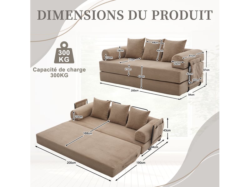  Canapé convertible 200x94x67 cm modulaire avec poches latérales, 3 coussins, métal, kaki  - Conforama C