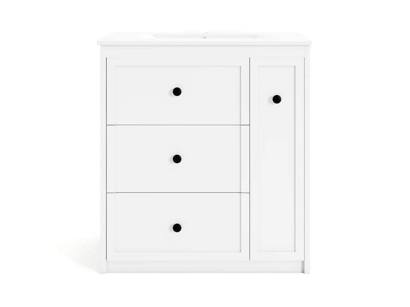 Meuble vasque salle de bain blanc 76 cm avec lavabo céramique intégré, tiroir latéral silencieux et rangement - Conforama A