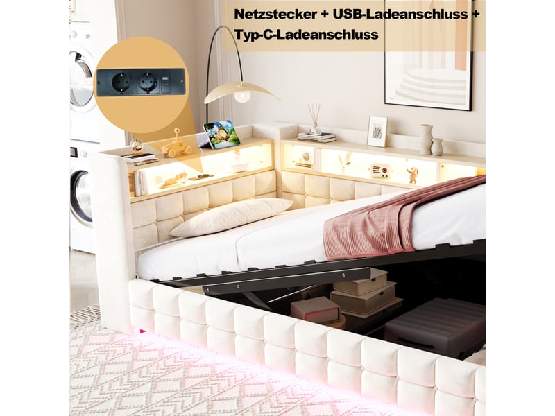  Lit canapé velours beige 90x200 cm avec rangement hydraulique, led, usb et étagère  - Conforama D