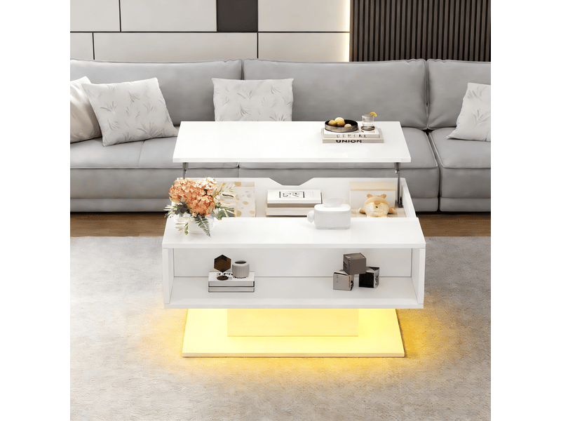  Table basse relevable avec espace caché et rangement semi-ouvert et led, finition brillante, en panneau de particules, blanc - uvrion  - Conforama C