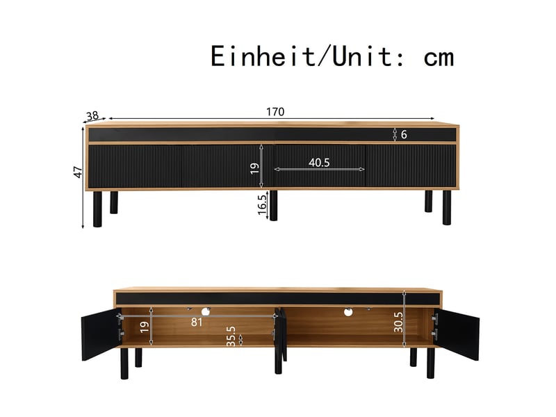  Meuble télévision bas 170x38x47 cm, 4 portes, grand rangement, pieds bois, panneau particules, noir et naturel  - Conforama C
