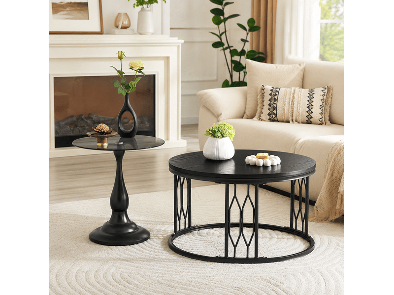  Table basse ronde 70 cm noire en mdf effet bois avec structure en métal  - Conforama D