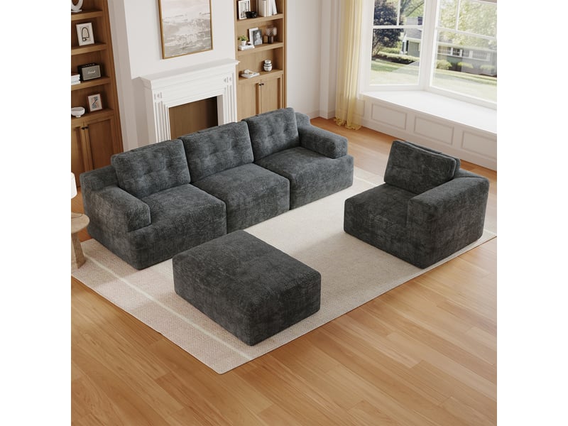  Canapé modulable panoramique 5 places en chenille, assise profonde, configuration l ou u, sans montage, 252 × 180 cm, gris  - Conforama D