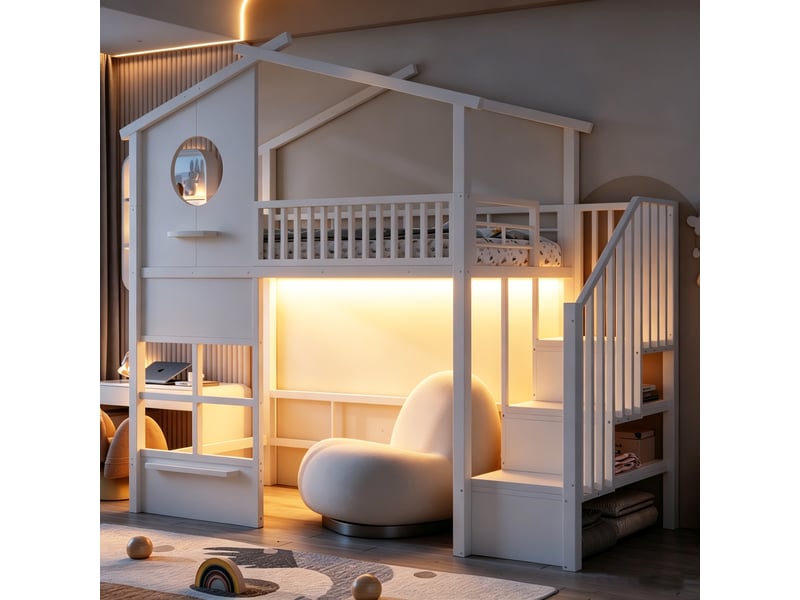  Lit mezzanine 90 x 200 cm - avec éclairage led - avec escalier - blanc (matelas non inclus)  - Conforama R