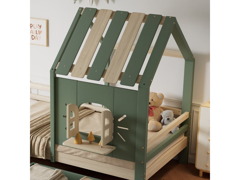  Lit enfant 90x200 cm – avec 2 tiroirs – en forme de maison avec toit et fenêtres – vert (matelas non inclus)  - Conforama W