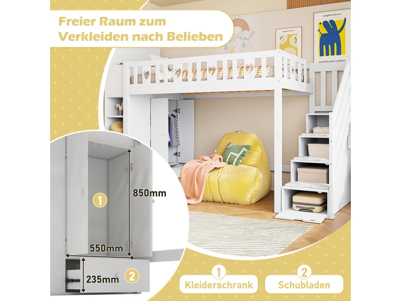  Lit mezzanine 90x200 cm blanc en pin, escalier de rangement, étagères, placard rabattable et garde-corps en cœur  - Conforama E