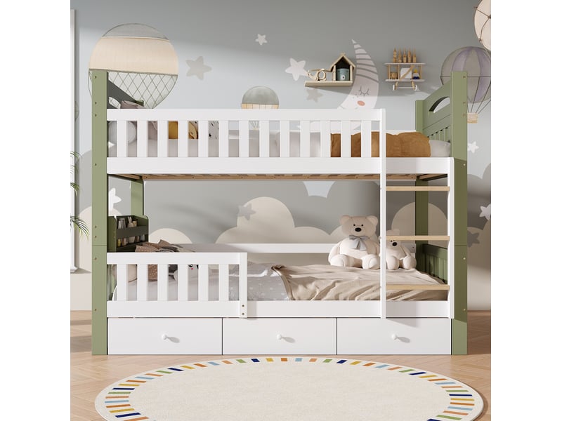  Lit superposé enfant tcqpz 90 x 200 cm blanc et vert avec échelle, étagère latérale et 3 tiroirs  - Conforama D