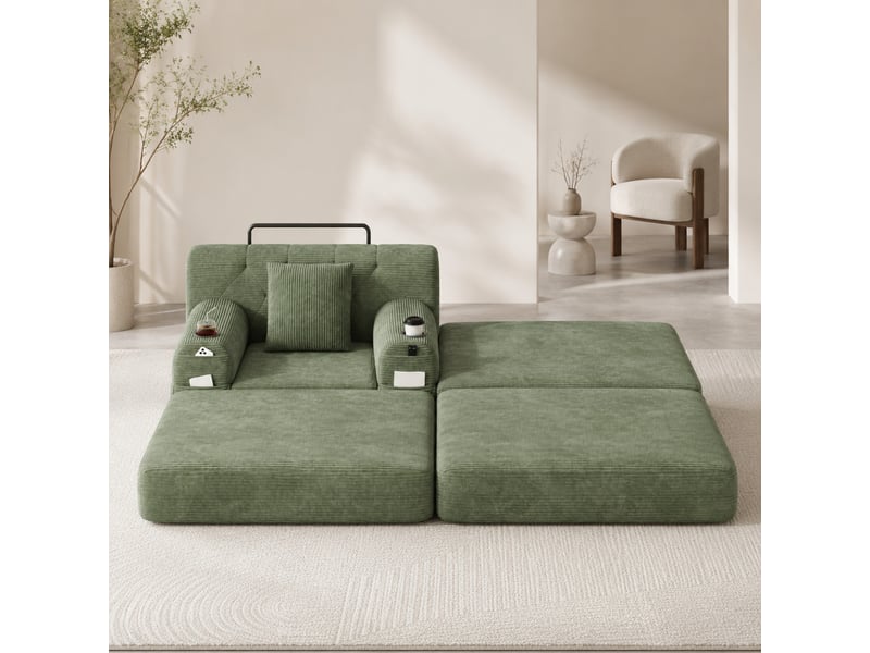 Fauteuil convertible 1 place avec repose-pieds, 4 poches et 2 porte-gobelets en velours côtelé vert - Conforama B