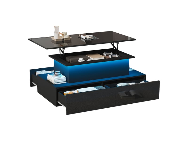  Table basse plateau relevable brillant rectangulaire en panneaux de particules avec lumière led et 4 tiroirs,noir table basse noir - Conforama A