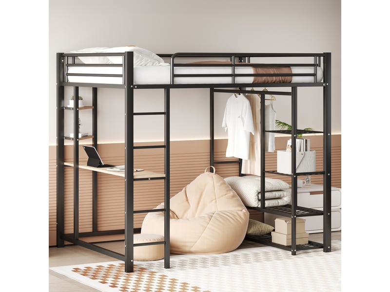  Lit mezzanine enfant 140x200 cm, table, étagère, garde-corps, sommier, métal noir, sans matelas  - Conforama W