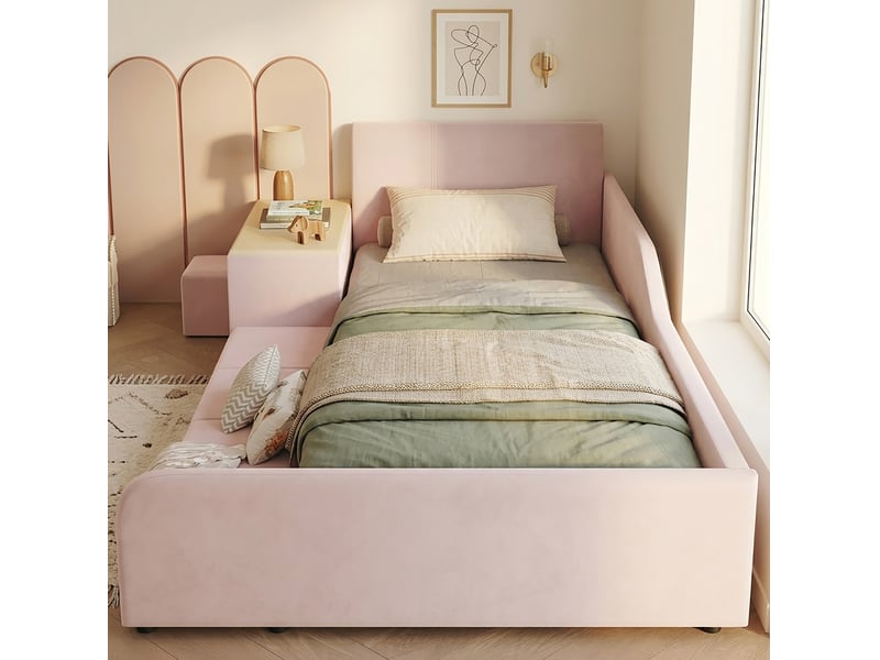  Lit enfant 90x200 cm, lit rembourré, avec bureau, tabouret et tablette de rangement, lattes en bois, rose, sans matelas  - Conforama D
