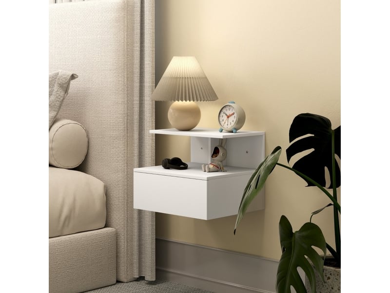 Table de chevet murale avec tiroir et niche ouverte, rangement suspendu style minimaliste pour chambre, bois blanc - Conforama C