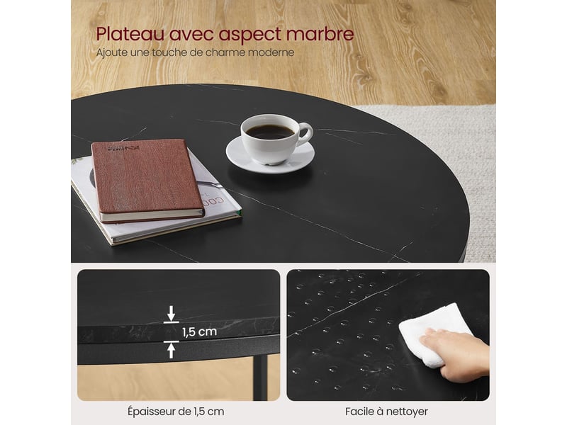 Table basse table de salon 80 x 46 cm table canapé apéro façon marbre support en verre trempé facile à assembler pour salon style moderne noir 12_0007497  - Conforama C