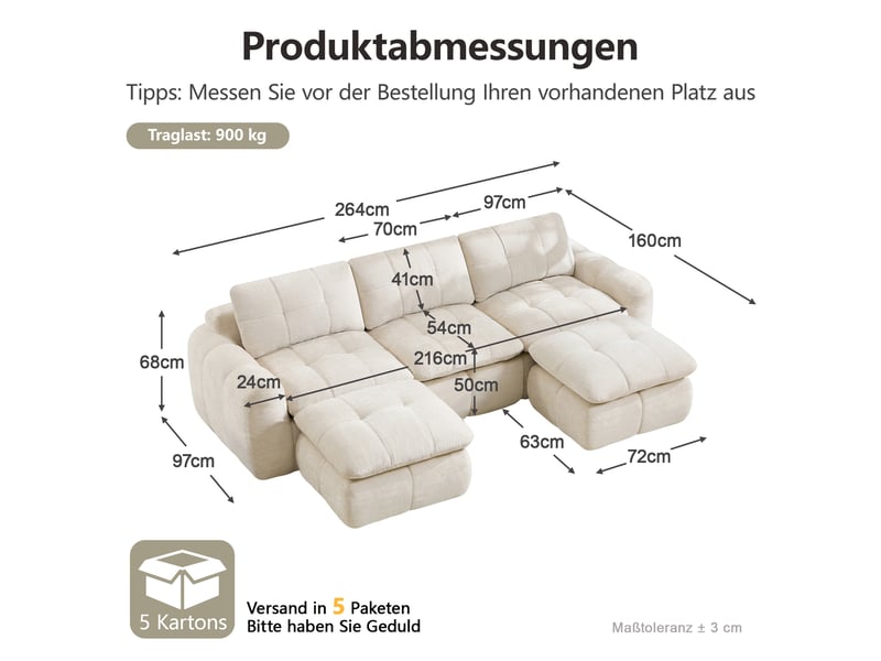 Canapé d'angle en u 3 places sans cadre, canapé modulaire, housse chenille douce, mousse 32d, sans montage, 2 poufs, beige - Conforama C