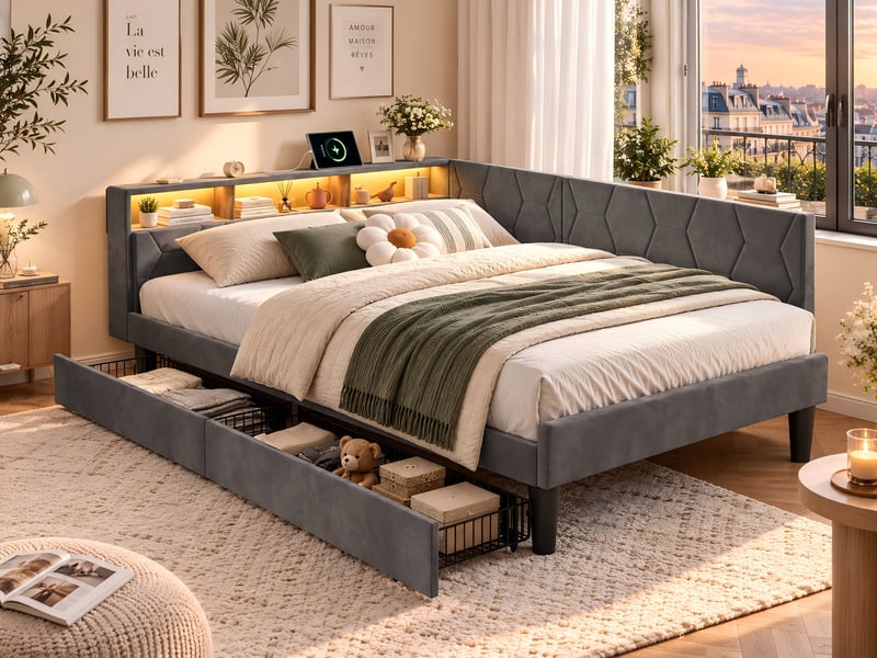 Kefsr lit double capitonné 140x200 cm en velours gris - lit avec 2 tiroirs de rangement, tête de lit led, étagères et ports usbtype-c, convertible banquette - Conforama B