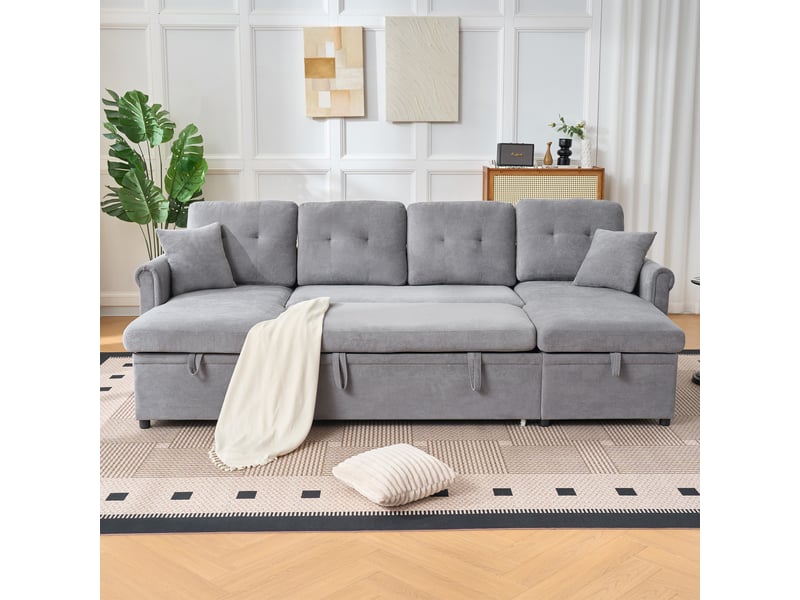  Canapé panoramique convertible en u 4 places 266x130x85 cm, couchage 240x124 cm, 2 coffres, assise profonde 109 cm, chenille gris  - Conforama D