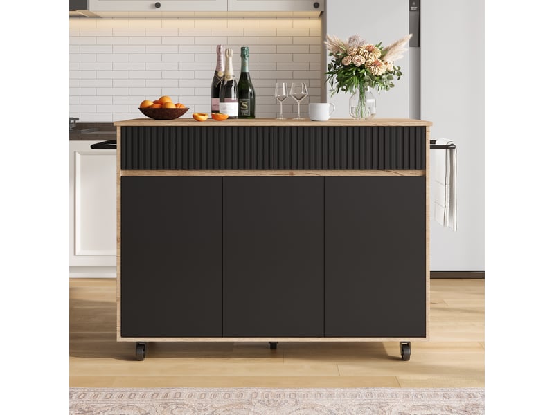  Îlot de cuisine mobile avec plateau rabattable, desserte noire et naturelle 120 x 65 x 91 cm  - Conforama E