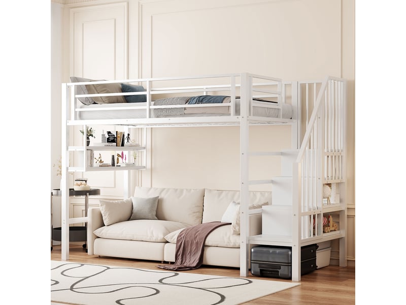  Lit mezzanine enfant 90 x 200 cm avec étagères et échelle de rangement, structure en métal et mdf blanc  - Conforama E
