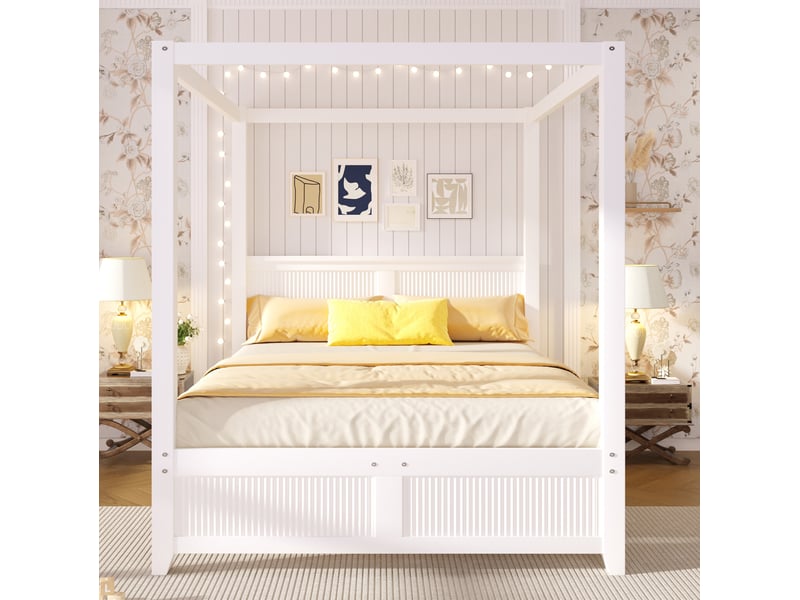  Lit à baldaquin 140x200 cm avec cadre de toit décoratif, lattes verticales têtepieds, mdf pin, blanc, sans matelas  - Conforama D
