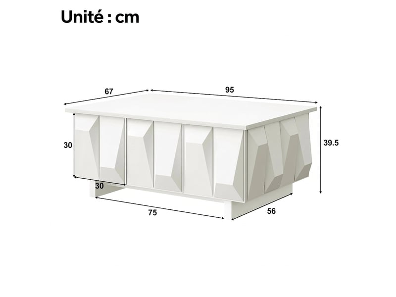 Table basse avec rangement moderne blanche 95x67 cm façades 3d  - Conforama D