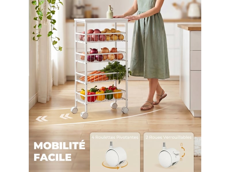  Desserte à roulettes 4 paniers coulissants métal et bois blanc 40 x 24 x 82 cm  - Conforama E