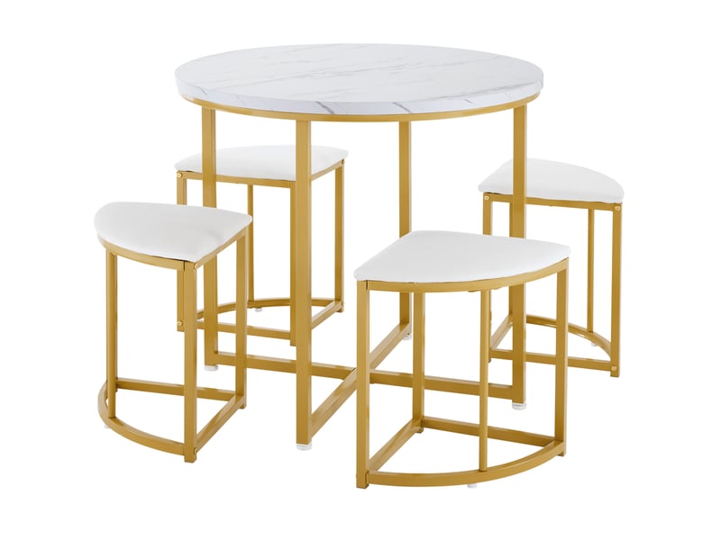  Ensemble table à manger et 4 chaises, table ronde blanche en mdf 80 cm, sièges en velours et structure métallique dorée  - Conforama A