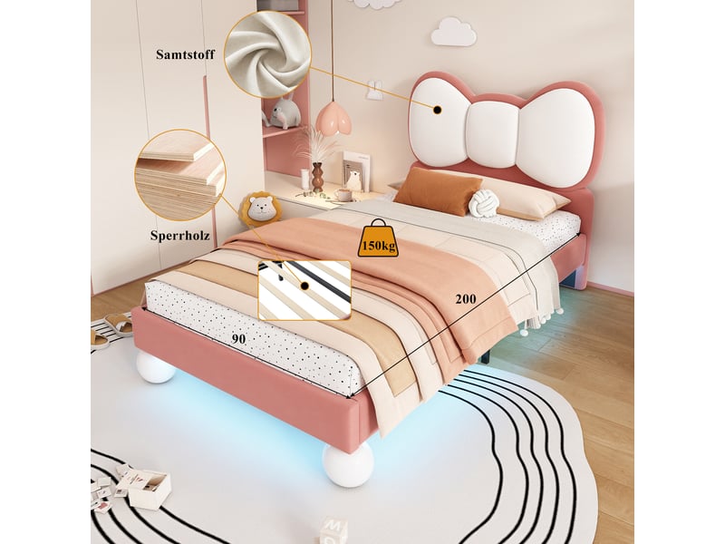  Lit enfant 90 × 200 cm 1 place avec led réglable et tête de lit nœud, sans matelas, en velours, rose  - Conforama E