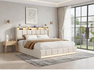 Lit coffre 160x200 - lit 2 places - avec usb + type-c - avec lumière led - beige (matelas non inclus)
