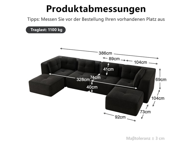 Canapé modulable en u 4 places 386x177x69 cm, sans montage, assise profonde, tissu en velours côtelé, noir - Conforama C