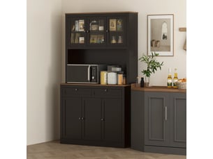Buffet haut cuisine, armoire de cuisine, 6 portes, 2 tiroirs, plan de travail, étagères réglables, 100x40x180cm, noir