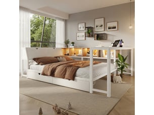 Lit adulte 140 x 200 cm, avec tête de lit à rangement, éclairage led, bureau et tiroirs, noir