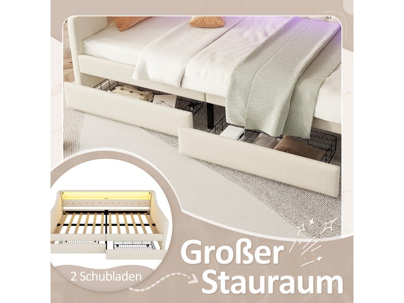  Lit de jour 90x200 canapé lit en lin beige avec éclairage led, 2 tiroirs et port usb  - Conforama E