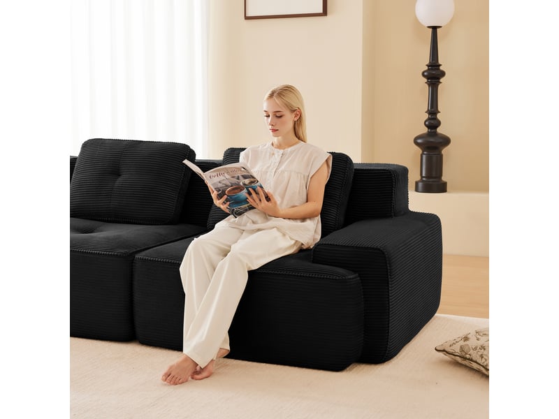 Canapé d’angle modulable profond velours côtelé noir – 295 x 206 x 69 cm Fay Lum - Conforama E