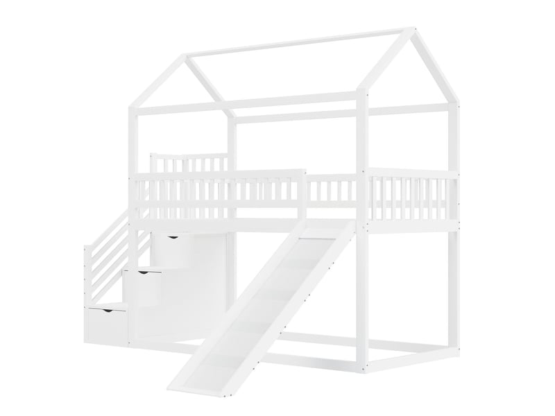  Lit mezzanine 90x200cm escalier de rangement - lit cabane enfant -  sommier, barrières de sécurité, blanc  - Conforama C
