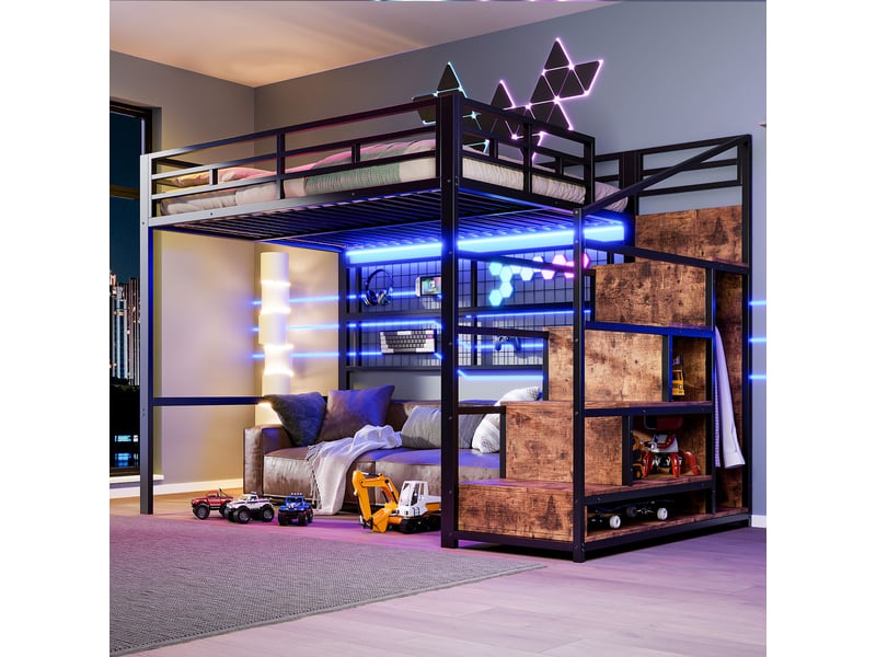 Lit mezzanine enfant 140x200 cm, led, rangement, grille suspendue, sommier, métal noir, sans matelas - Conforama W