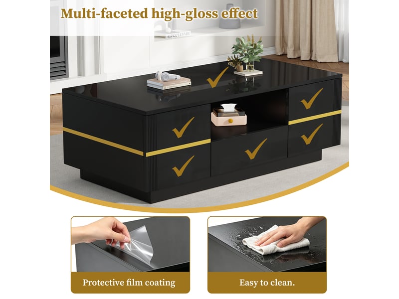  Table basse led 100x50x35,5 cm 2 portes +1 tiroir,  rangement, mdf, charge 30kg,  finition brillante noir et doré  - Conforama E